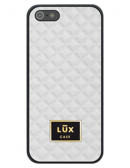 Etui premium skórzane, case na smartfon APPLE iPhone 5. Skóra pik biała mat ze złotą blaszką.
