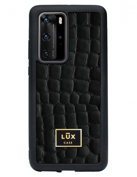 Etui premium skórzane, case na smartfon HUAWEI P40 PRO. Skóra crocodile czarna ze złotą blaszką.
