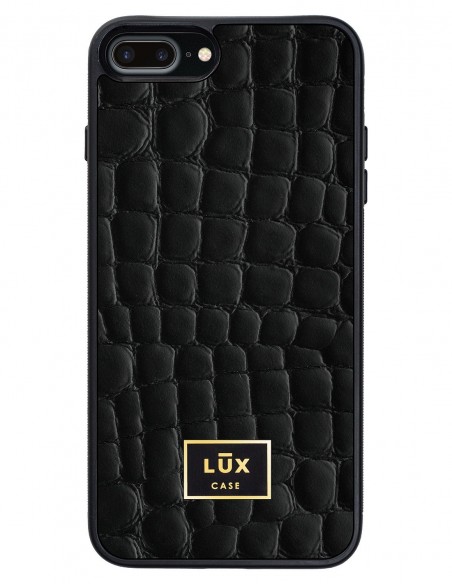 Etui premium skórzane, case na smartfon APPLE iPhone 7 PLUS. Skóra crocodile czarna ze złotą blaszką.