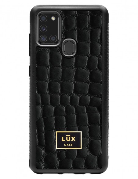 Etui premium skórzane, case na smartfon SAMSUNG GALAXY A21S. Skóra crocodile czarna ze złotą blaszką.