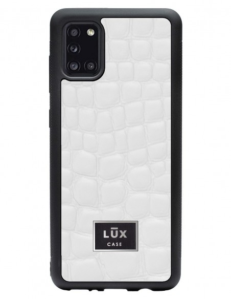 Etui premium skórzane, case na smartfon SAMSUNG GALAXY A31. Skóra crocodile biała ze srebrną blaszką.