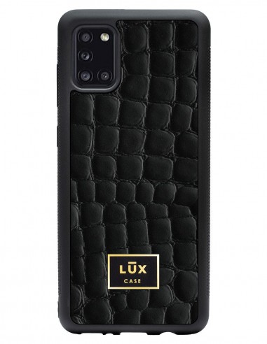 Etui premium skórzane, case na smartfon SAMSUNG GALAXY A31. Skóra crocodile czarna ze złotą blaszką.