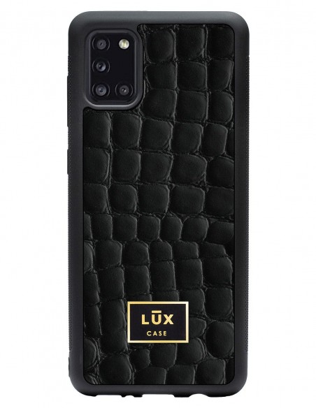 Etui premium skórzane, case na smartfon SAMSUNG GALAXY A31. Skóra crocodile czarna ze złotą blaszką.