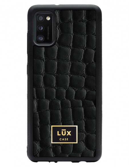 Etui premium skórzane, case na smartfon SAMSUNG GALAXY A41. Skóra crocodile czarna ze złotą blaszką.