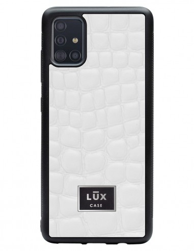 Etui premium skórzane, case na smartfon SAMSUNG GALAXY A51. Skóra crocodile biała ze srebrną blaszką.