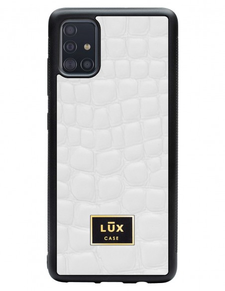 Etui premium skórzane, case na smartfon SAMSUNG GALAXY A51. Skóra crocodile biała ze złotą blaszką.