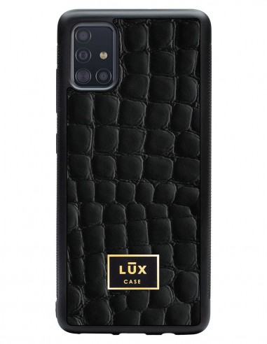 Etui premium skórzane, case na smartfon SAMSUNG GALAXY A51. Skóra crocodile czarna ze złotą blaszką.