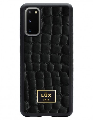 Etui premium skórzane, case na smartfon SAMSUNG GALAXY S20. Skóra crocodile czarna ze złotą blaszką.