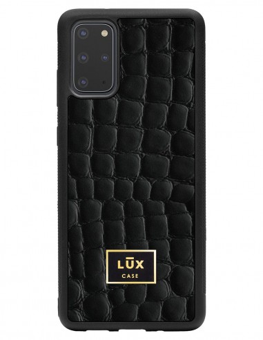 Etui premium skórzane, case na smartfon SAMSUNG GALAXY S20 PLUS. Skóra crocodile czarna ze złotą blaszką.