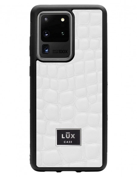 Etui premium skórzane, case na smartfon SAMSUNG GALAXY S20 ULTRA. Skóra crocodile biała ze srebrną blaszką.