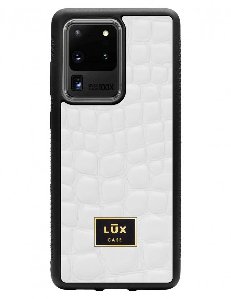 Etui premium skórzane, case na smartfon SAMSUNG GALAXY S20 ULTRA. Skóra crocodile biała ze złotą blaszką.