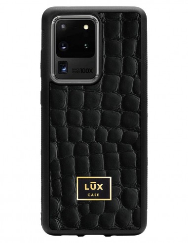 Etui premium skórzane, case na smartfon SAMSUNG GALAXY S20 ULTRA. Skóra crocodile czarna ze złotą blaszką.
