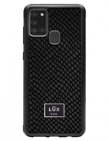 Etui premium skórzane, case na smartfon SAMSUNG GALAXY A21S. Skóra iguana czarna ze srebrną blaszką.