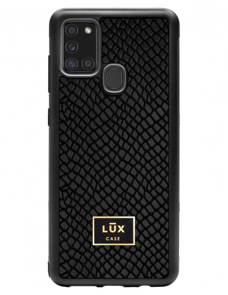 Etui premium skórzane, case na smartfon SAMSUNG GALAXY A21S. Skóra iguana czarna ze złotą blaszką.